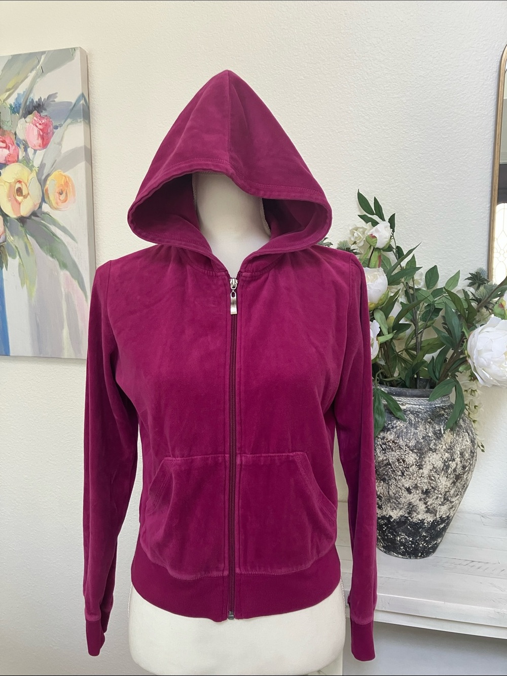 Y2k F&F Velvet Fuchsia Zip-Up Hooded Utility Jacket